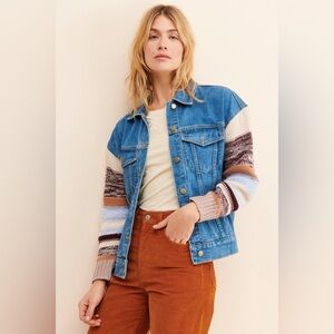 Fate Blue Denim Jacket with Multicolor Knit Sleeves